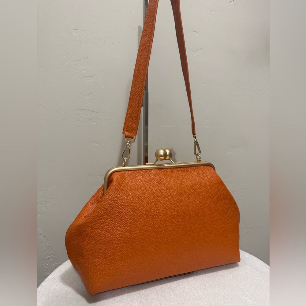 Orange Pebble Leather Handmade Vintage Style Extra Large Kisslock Frame Bag - Picture 11 of 16